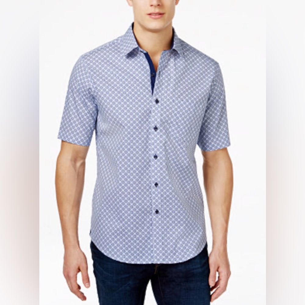 Tasso Elba Short-Sleeve Geometric Button-Down‎ in Light Blue